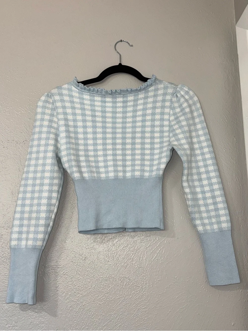 Urban Outfitters Light Blue Gingham Ruffle Trim Cardigan Cottage Core